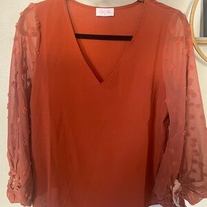 Pink Lily Women's Terracotta Blouse with Sheer Sleeves